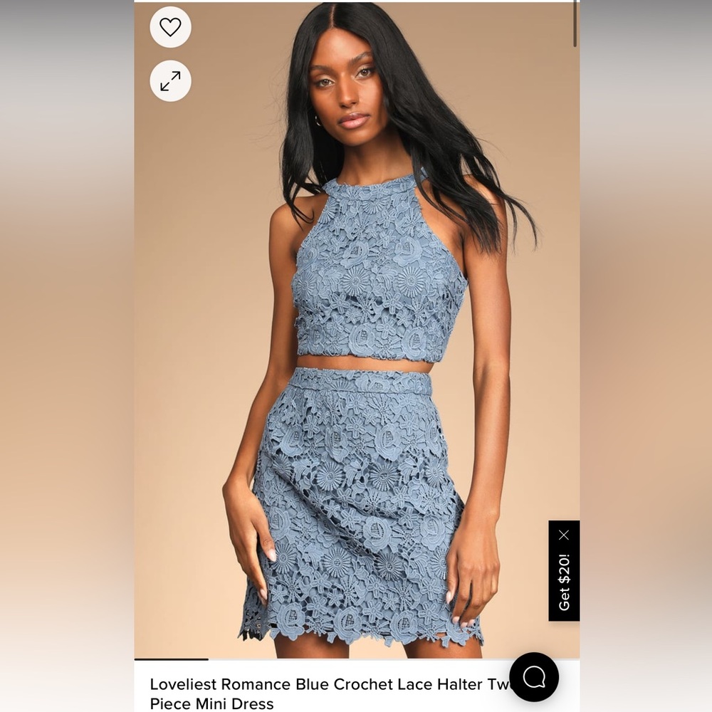 BNWT Lulu’s loveliest romance blue crochet lace halter two piece mini dress